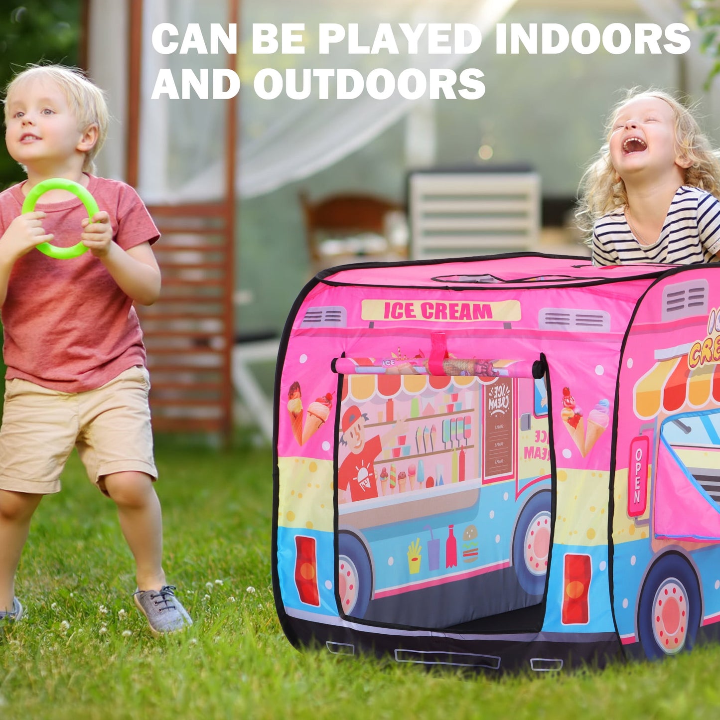 Yexmas Ice Cream Car Pop Up Tent with Carrying Case, Playhouse Indoor and Outdoor Kids Play Tent for Boys and Girls Children 3+ Years Gift