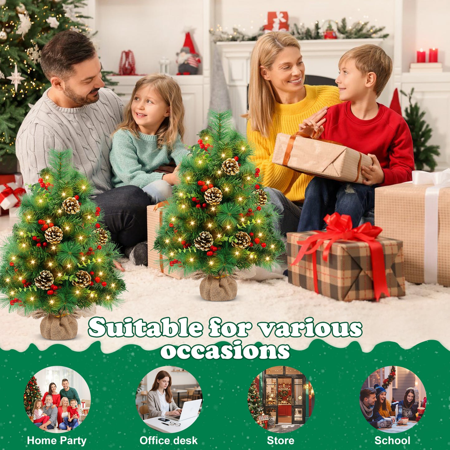 Yexmas 2PCS Pre-lit Artificial Mini Christmas Tree,30 Inch Small Tabletop Xmas Tree for Indoor Outdoor Christmas Decor