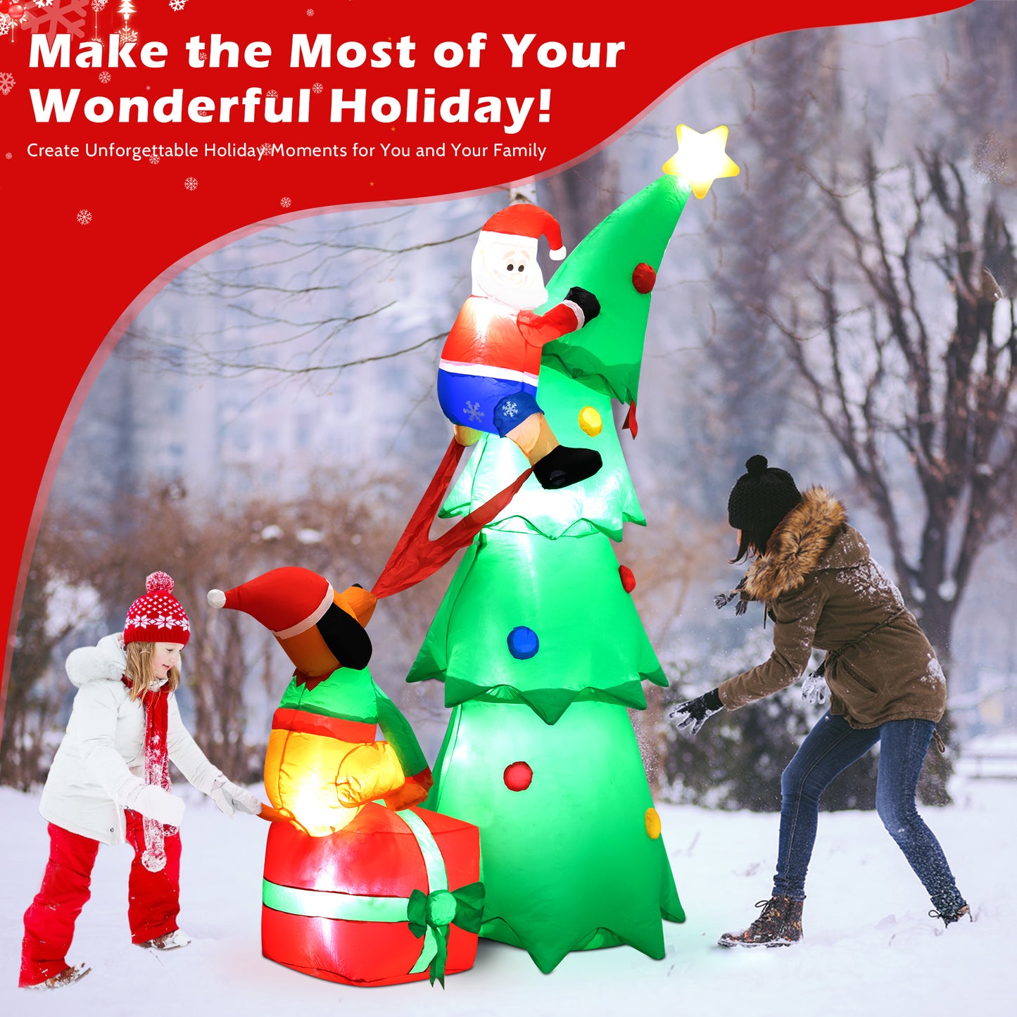 Lookfly 7.2FT Large Outdoor Inflatable Christmas Tree with Santa Claus and Dog,Built-in LED Lights,Fun Blow Up Xmas Decor Suitable for Yard,Garden,Lawn