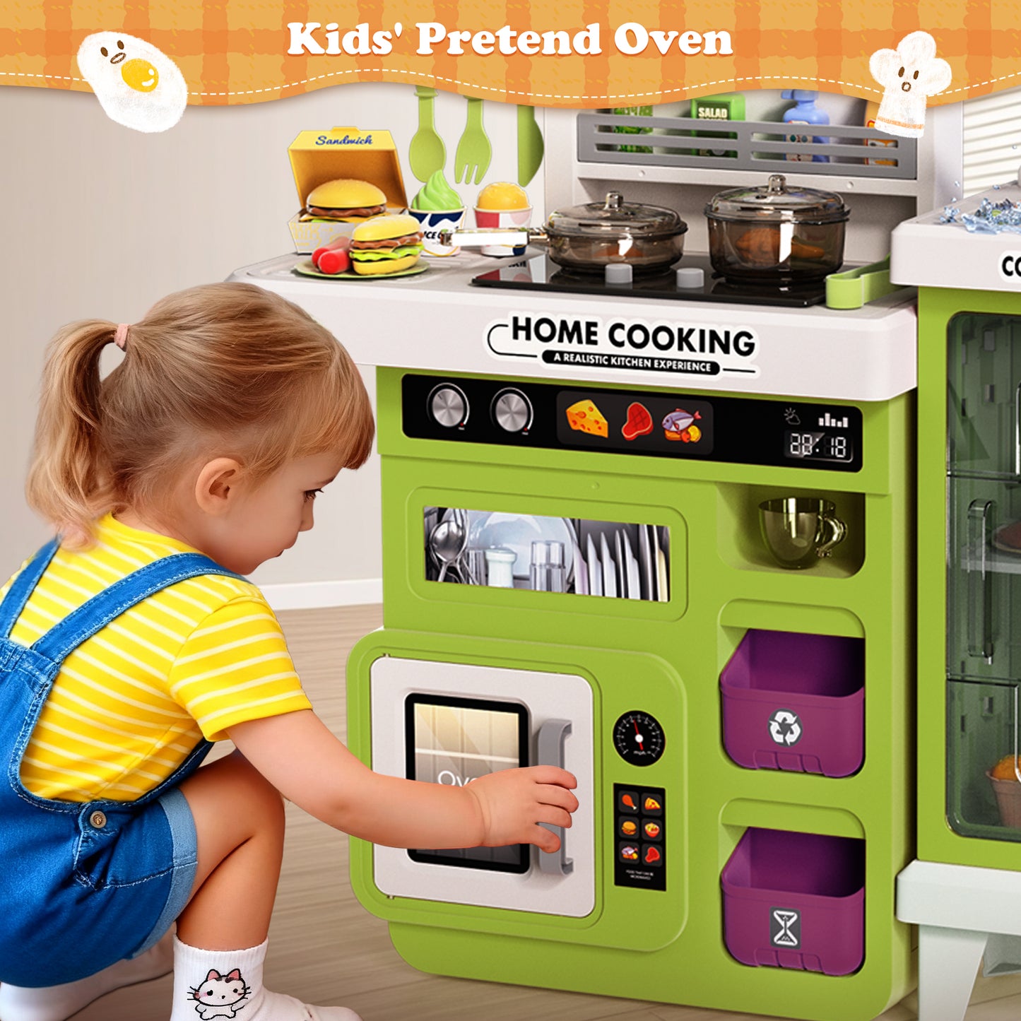 Lookfly Play Kitchens,68PCS Kids Kitchen Playset with Realistic Lights&Sounds,Toddler Kitchen Toy Gift for Boys and Grlis,Green 32.3"H