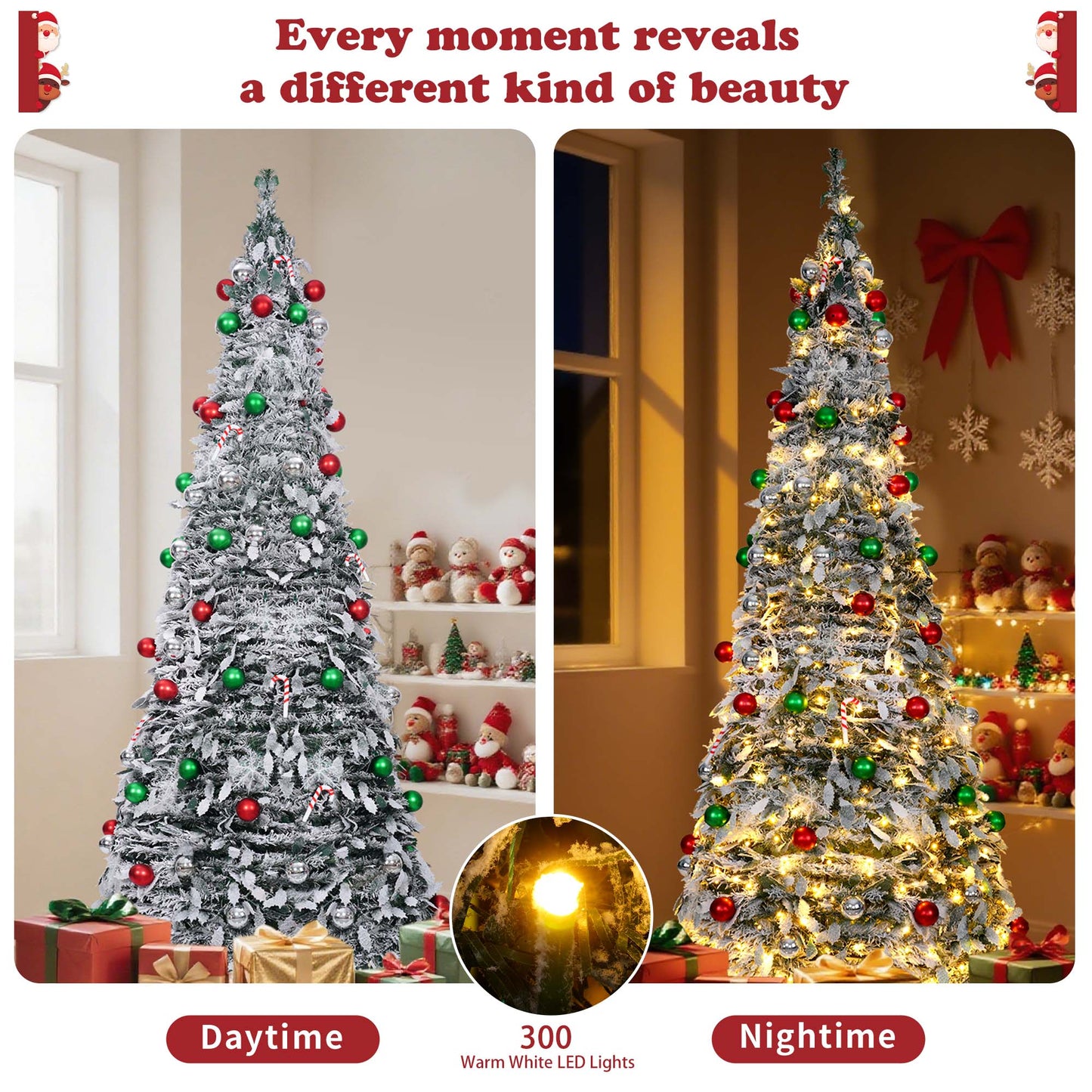 Lookfly 6FT Pop-Up Artificial Christmas Tree with 300LED Lights,White Prelit Christmas Tree with Foldable Base