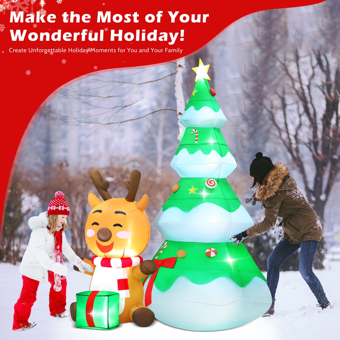 Lookfly 5.5 FT Large Outdoor Inflatable Christmas Tree with Santa Claus and Deer,Built-in LED Lights,Fun Blow Up Xmas Decor Suitable for Yard,Garden,Lawn