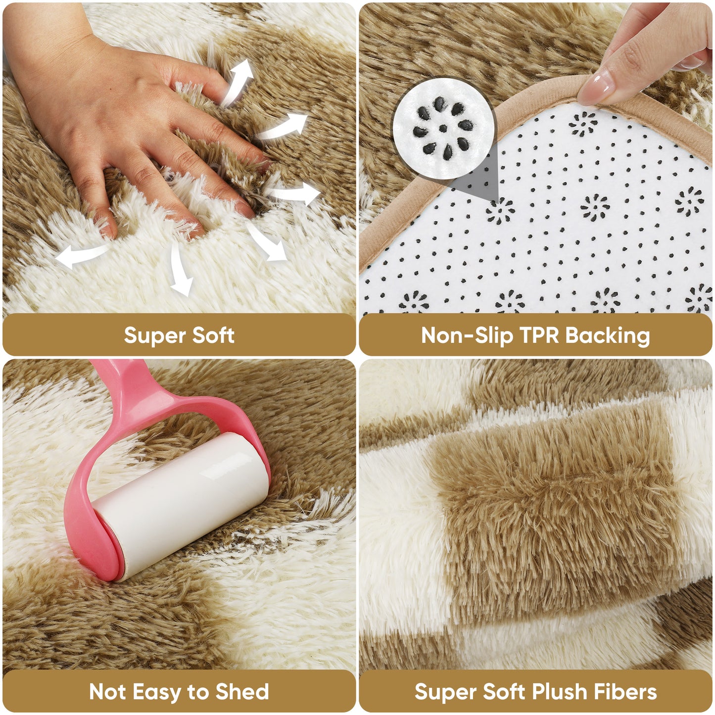 CozyDesg Shag Area Rugs,5'x8'/8' x 10' Soft Fluffy Floor Rugs Checkered Carpet,Washable Area Rugs for Living Room Bedroom Decor,Beige & White