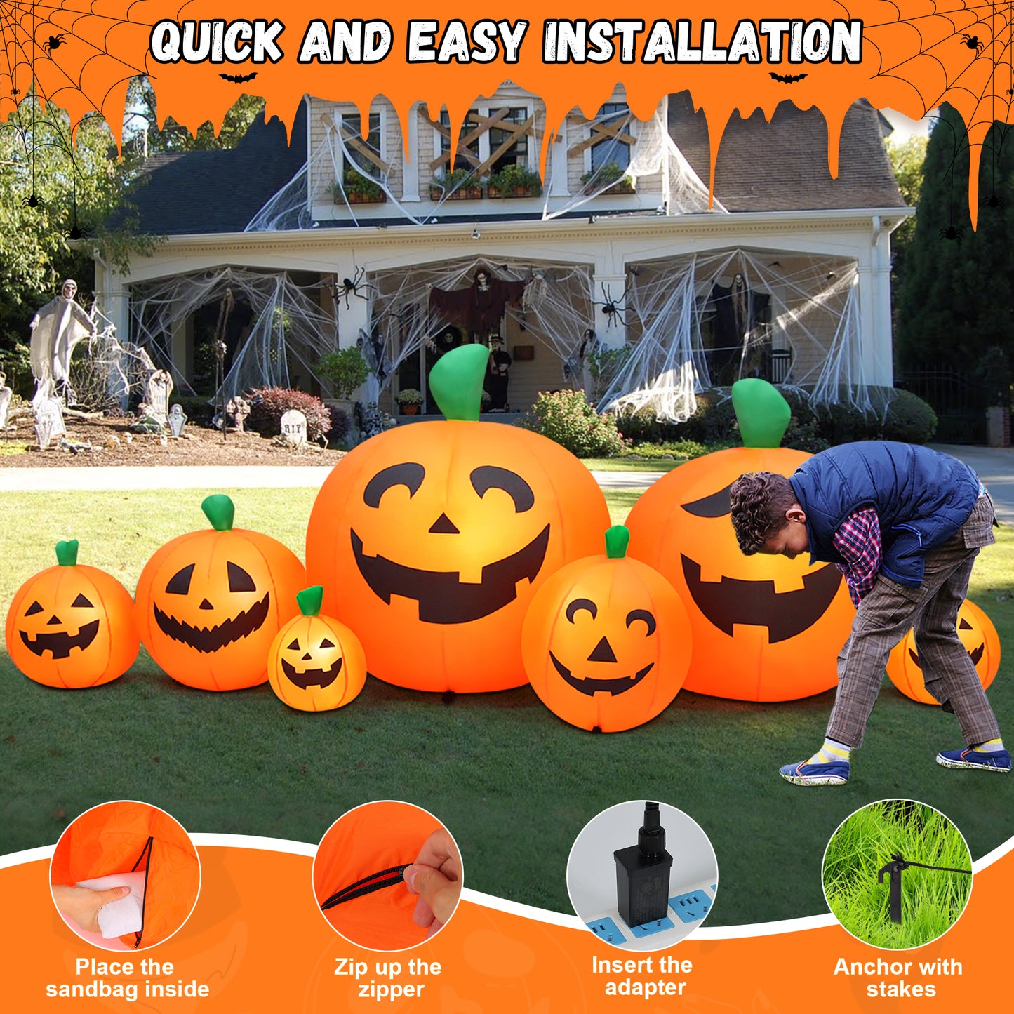 Yexmas 8 FT Halloween Inflatables Pumpkin,7 Pumpkins Halloween Outdoor Decoration with Built-in LED Lights,Halloween Blow Ups for Yard, Lawn, Garden Decor