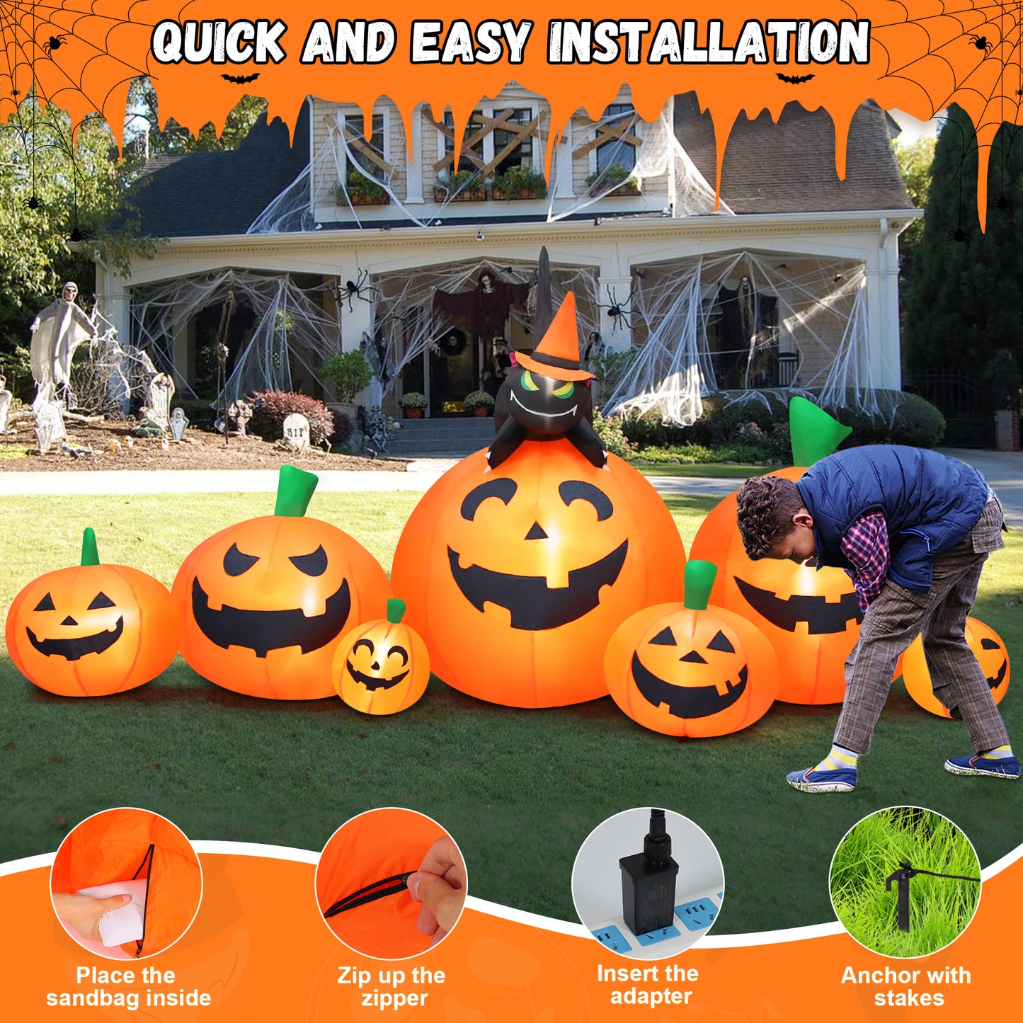 Yexmas 8FT Halloween Inflatables Outdoor Decorations Pumpkin,Halloween Blow Ups with Black Cat & 8 Built-in LED Lights for Halloween Party Yard Garden Lawn Decor