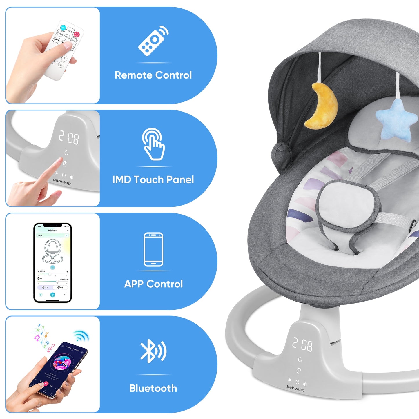 Babyeap Baby Swing for Infants - APP Remote Bluetooth Control, 5 Speed Settings, 10 Lullabies, USB Plug