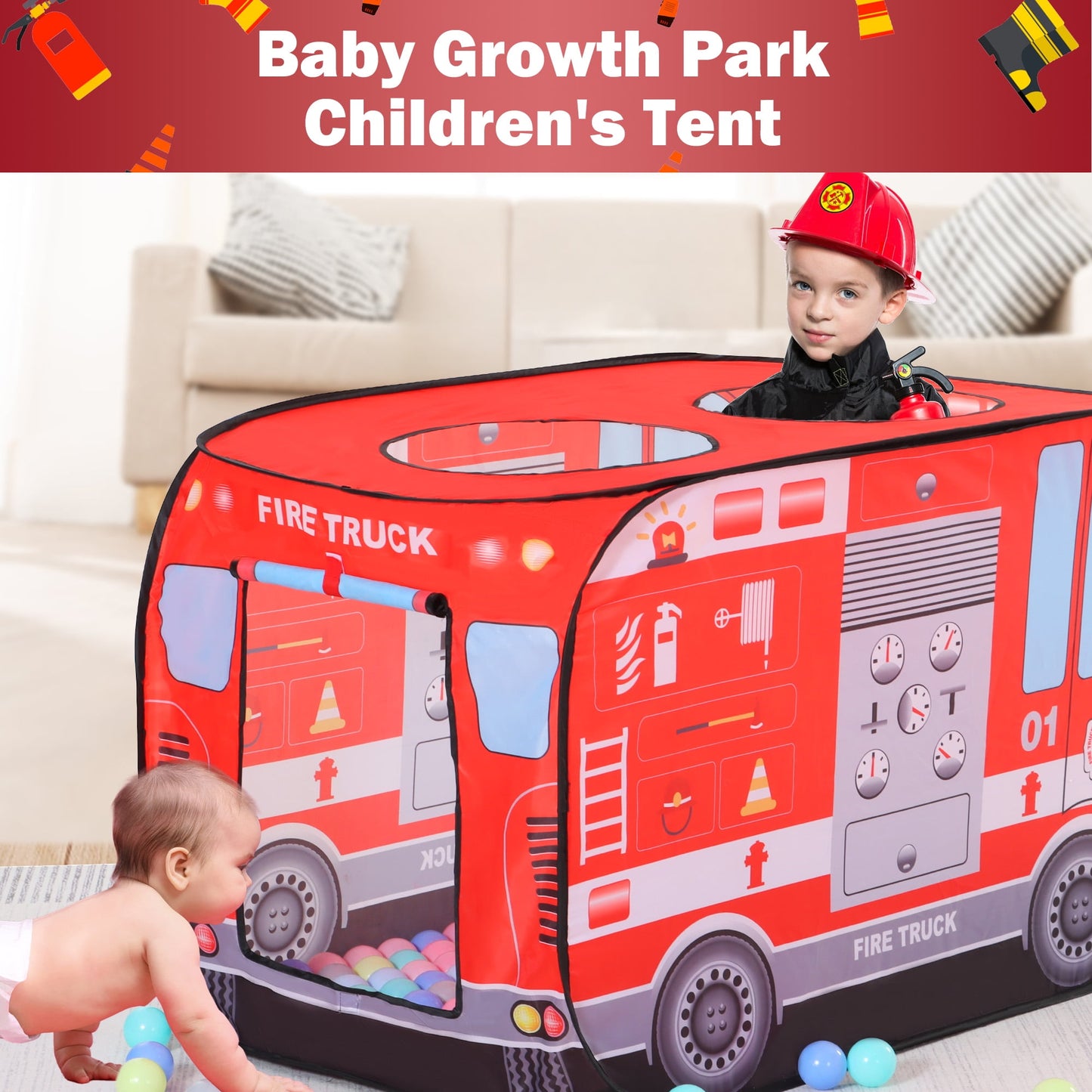 Yexmas Fire Truck Pop Up Tent with Carrying Case, Playhouse Indoor and Outdoor Kids Play Tent for Boys and Girls Children 3+ Years Gift