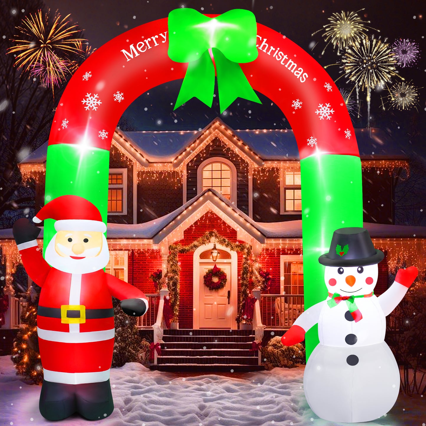 Lookfly 8FT Christmas Inflatable Archway,Christmas Blow Up Yard Decorations with Santa Claus and Snowman,Outdoor Christmas Decorations with Bow LED Lights