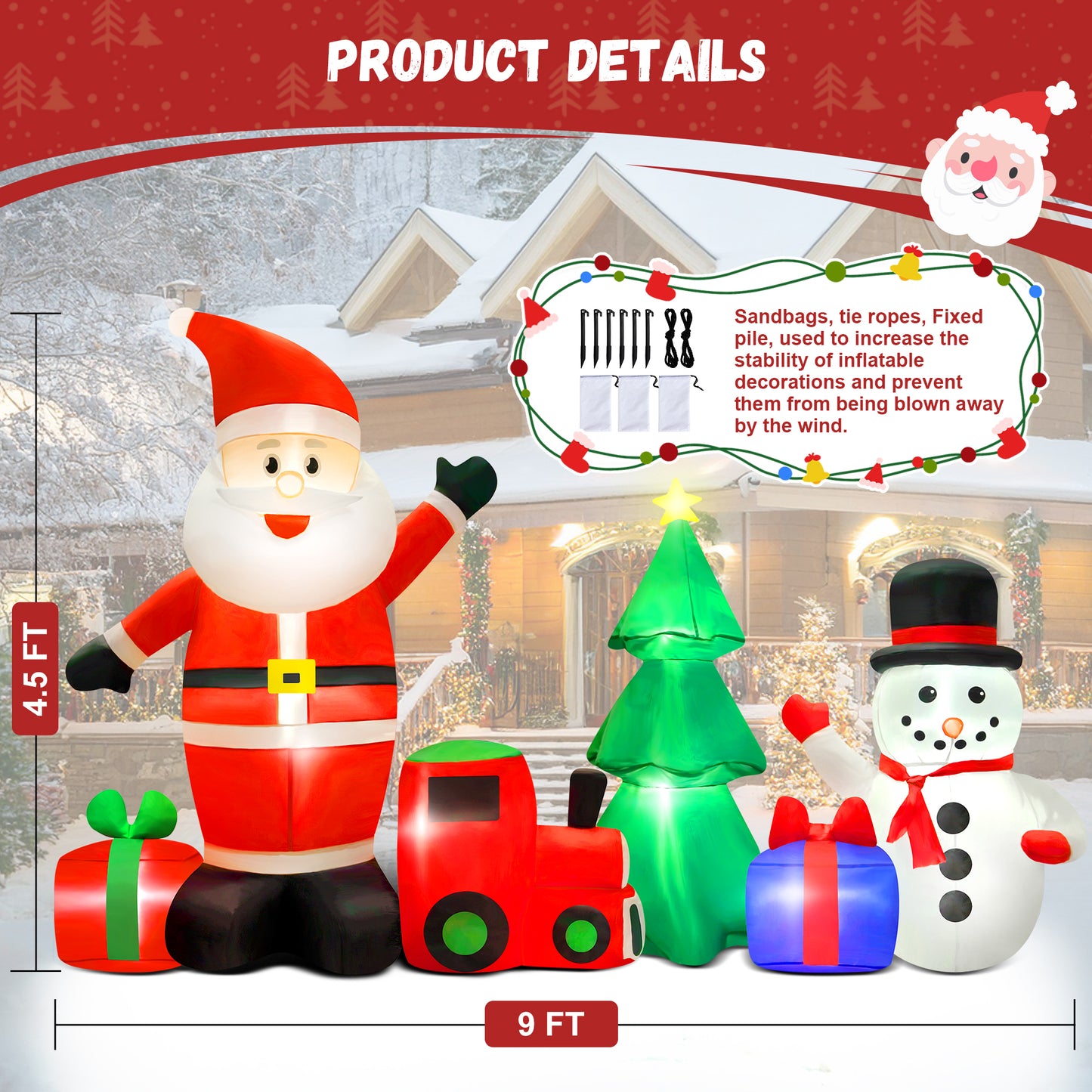 Yexmas 9FT Christmas Inflatables with Blow Up LED Lights, Santa Claus Snowman Train Gift Boxes & Christmas Tree for Indoor Outdoor Xmas Decoration