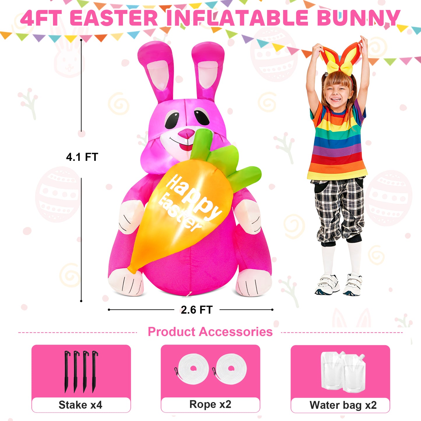 Yexmas Easter Inflatables Outdoor decorations,4FT Blow-Up Easter Bunny Holding a Carrot with Built-in LED Lights for Lawn Garden Yard decor