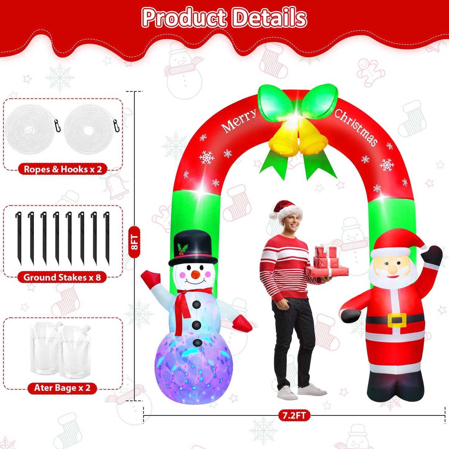 Yexmas 8FT Christmas Inflatable Archway,Christmas Blow Up Yard Decorations with Santa Claus and Snowman,Outdoor Christmas Decorations with Bow LED Lights