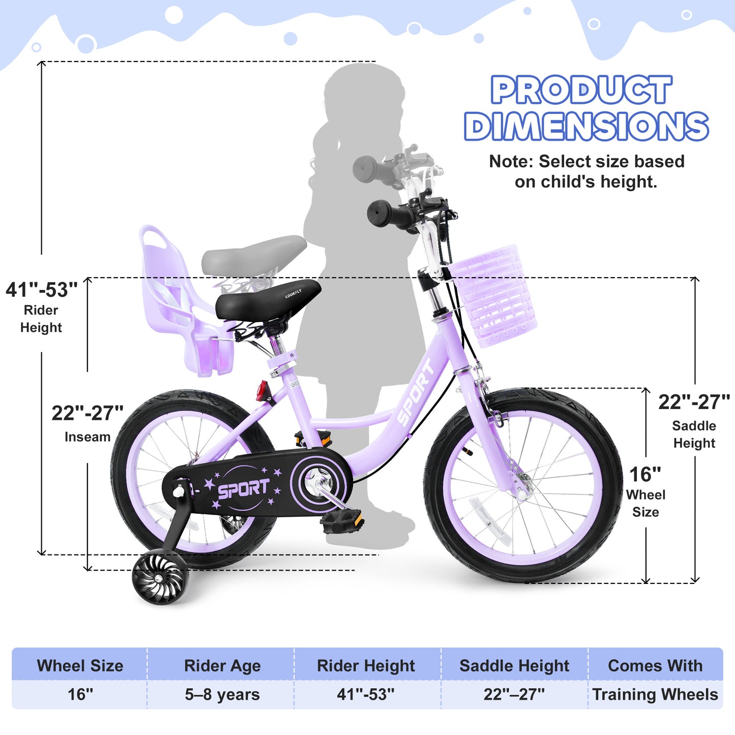 Enjoyrun 16" Kids Bike,Girls Bike with Training Wheels,Basket and Doll Seat,Bicycle for Children Ages 5-8,Purple