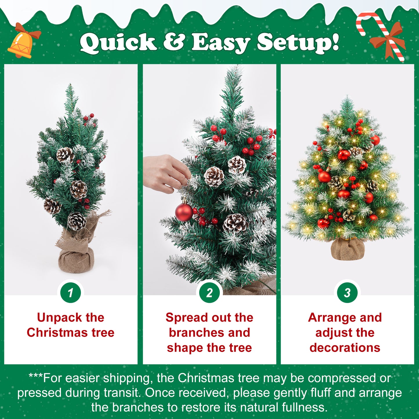Yexmas 2PCS Pre-lit Artificial Mini Christmas Tree,24 Inch Small Tabletop Xmas Tree for Indoor Outdoor Christmas Decor