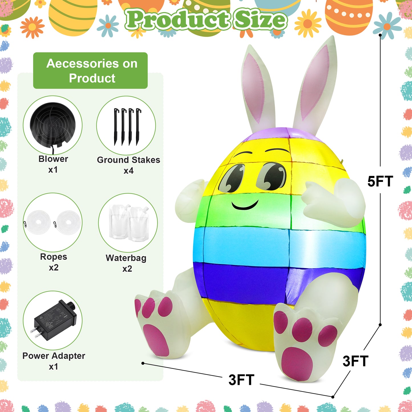 Yexmas 5ft Easter Inflatables, Blow Up Yard Decoration Built in LED Lights Bunny Egg Decorations for Outdoor Home Lawn Garden Holiday Party