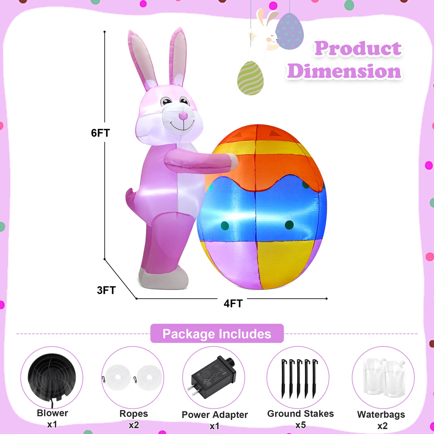 Yexmas 6ft Easter Inflatables,Blow Up Yard Outdoor Decoration with LED Lights Bunny Decorations with Egg for Lawn Garden Holiday Party
