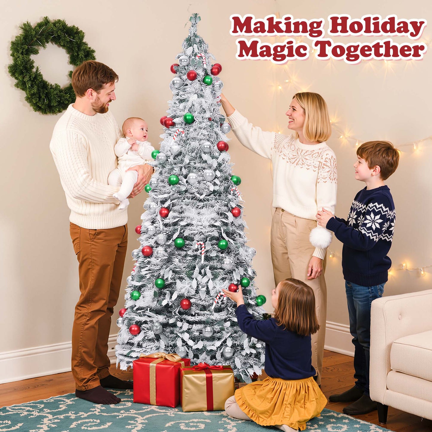 Lookfly 7.5FT Pop-Up Artificial Christmas Tree with 450LED Lights,White Prelit Christmas Tree with Foldable Base