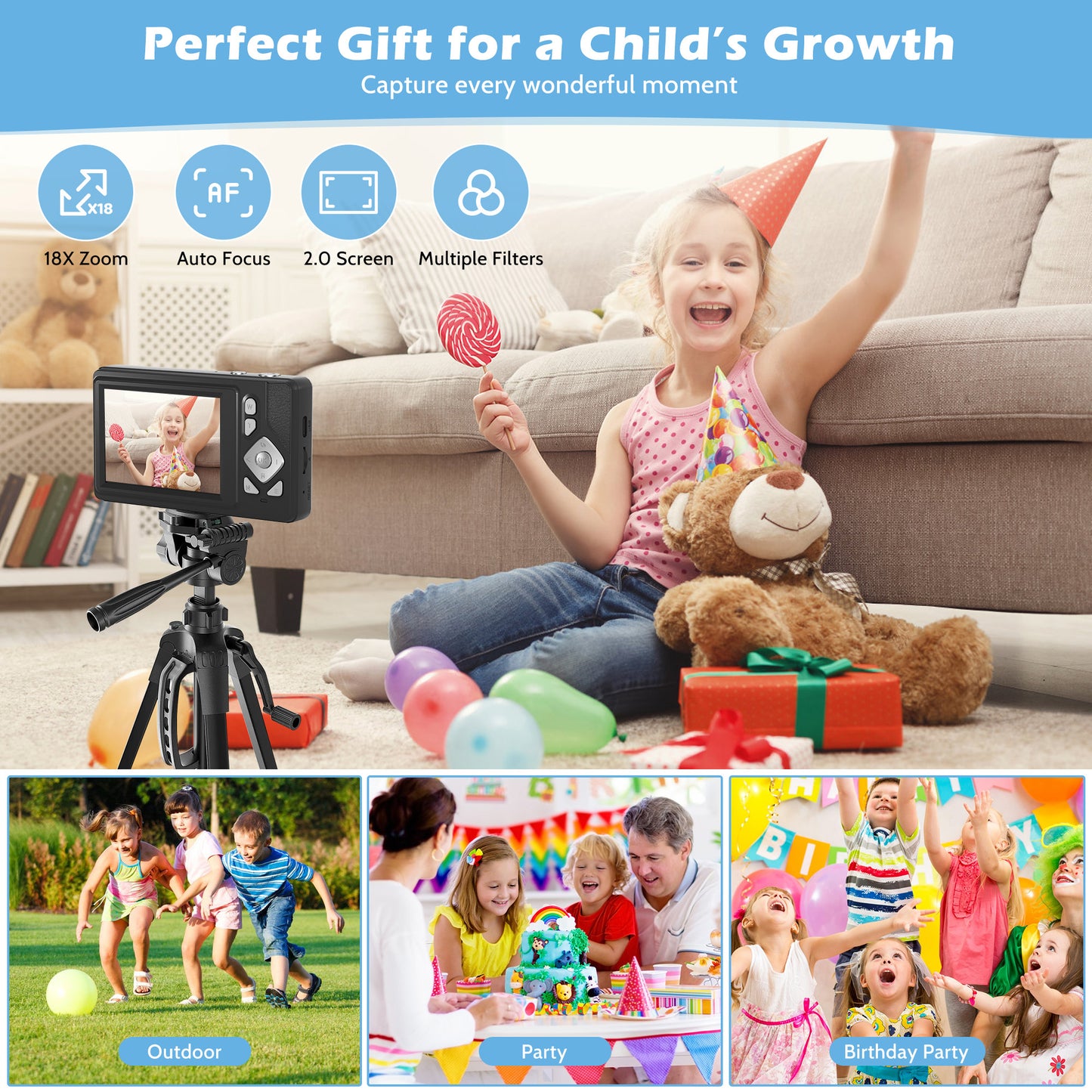 Lookfly Digital Camera,FHD 1080P Point and Shoot Kids Camera,Camera for Photography with 32GB Card ,18X Zoom Anti Shake,48MP,Compact Small Digital Camera for Boys Girls Kids,Black