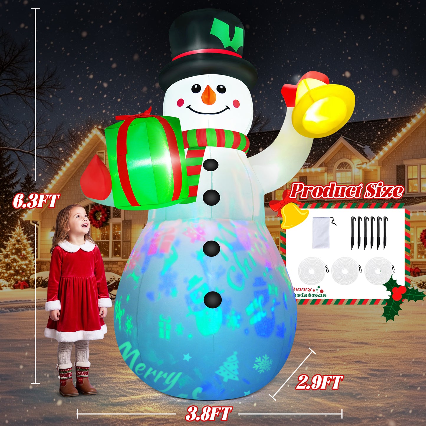 Yexmas 6.3FT Christmas Inflatable Snowman Blow Up Yard Decor with Gift Box and Bell, 360° Colorful Projection, Music On/Off Function, Built-in LED Lights, Outdoor Holiday Yard Decor