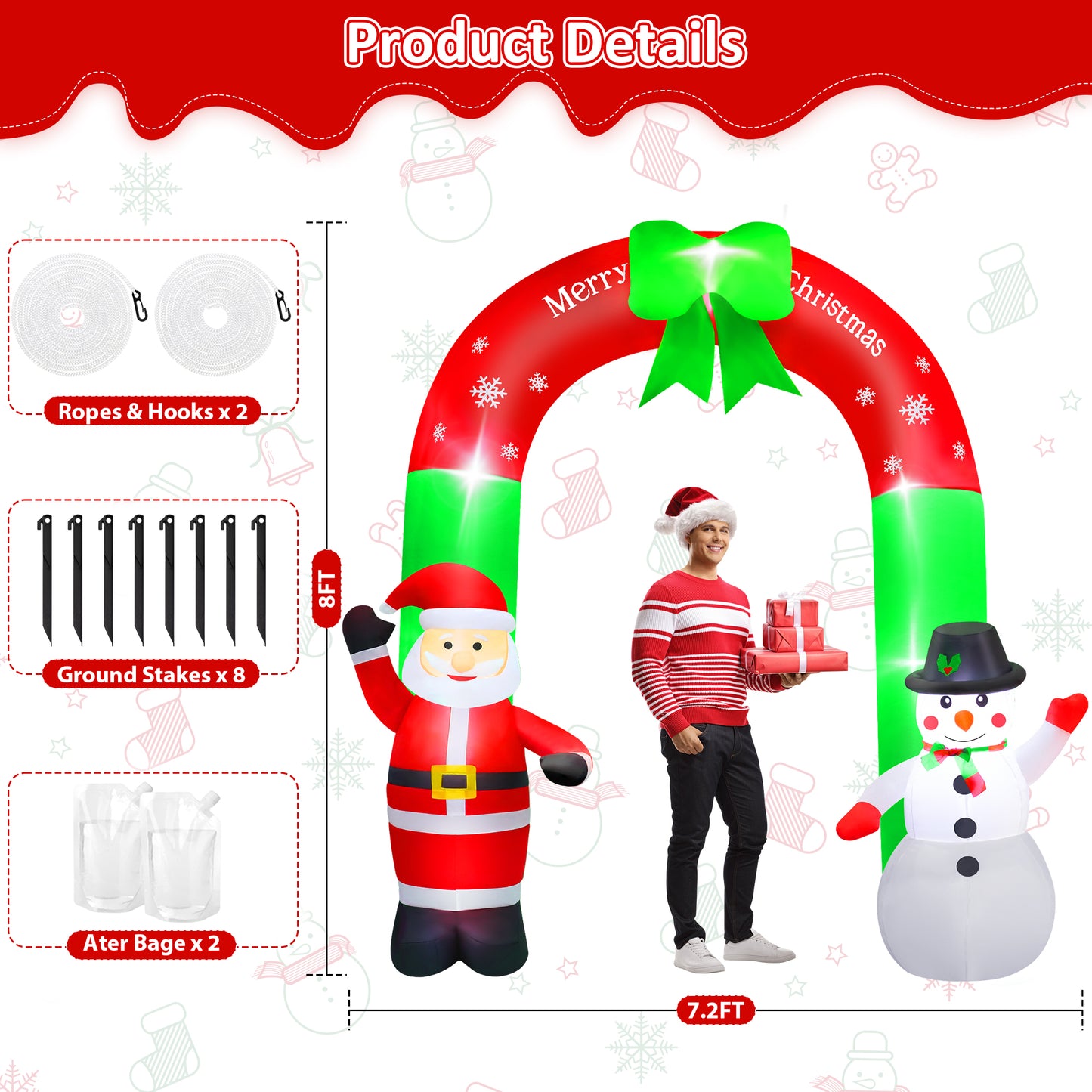 Lookfly 8FT Christmas Inflatable Archway,Christmas Blow Up Yard Decorations with Santa Claus and Snowman,Outdoor Christmas Decorations with Bow LED Lights
