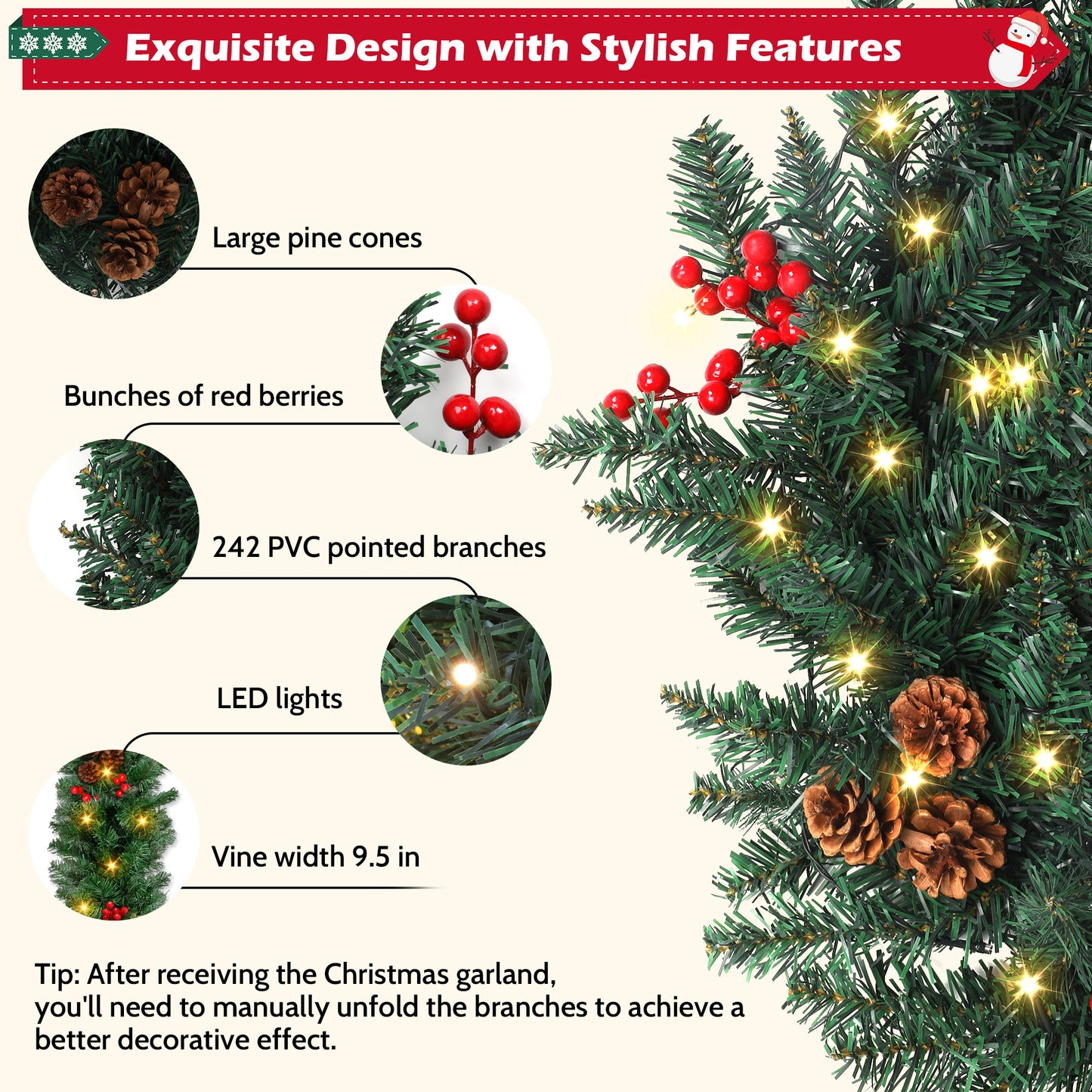 Yexmas 9ft Large Christmas Garland, Multi-Purpose Xmas Wreath with 60 LED Lights, Decorated with Pinecones, Berry Clusters, Battery Operated