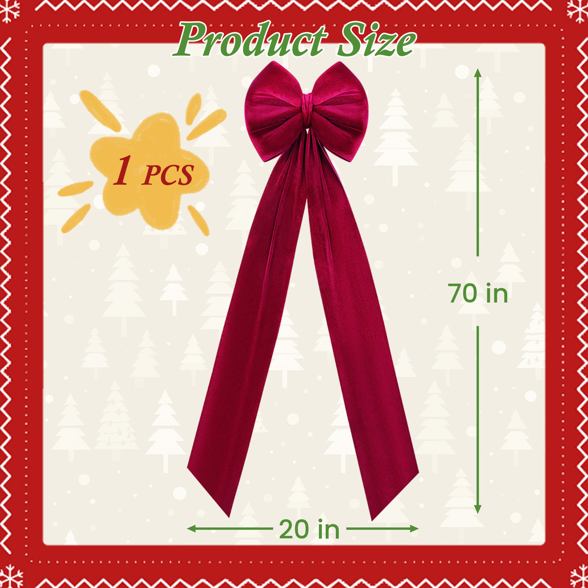 Yexmas 70Ă20 Inch Giant Velvet Christmas Bows, Big Burgundy Bows Tree Topper Ribbon Hanging Bows Decor for Holiday Front Door Wall Party Wreath Garland Crafts Xmas Decoration