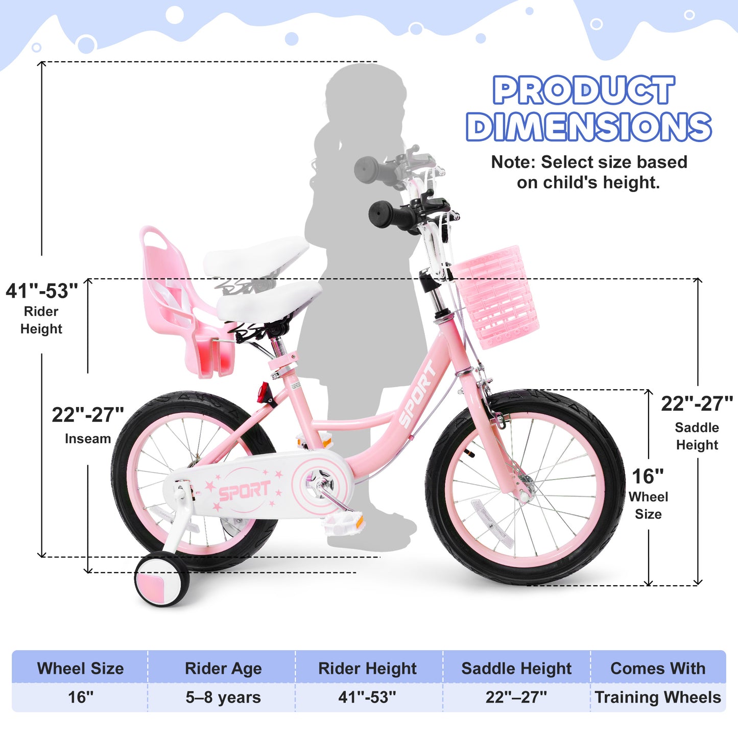 Enjoyrun 16" Kids Bike,Girls Bike with Training Wheels,Basket and Doll Seat,Bicycle for Children Ages 5-8,Pink