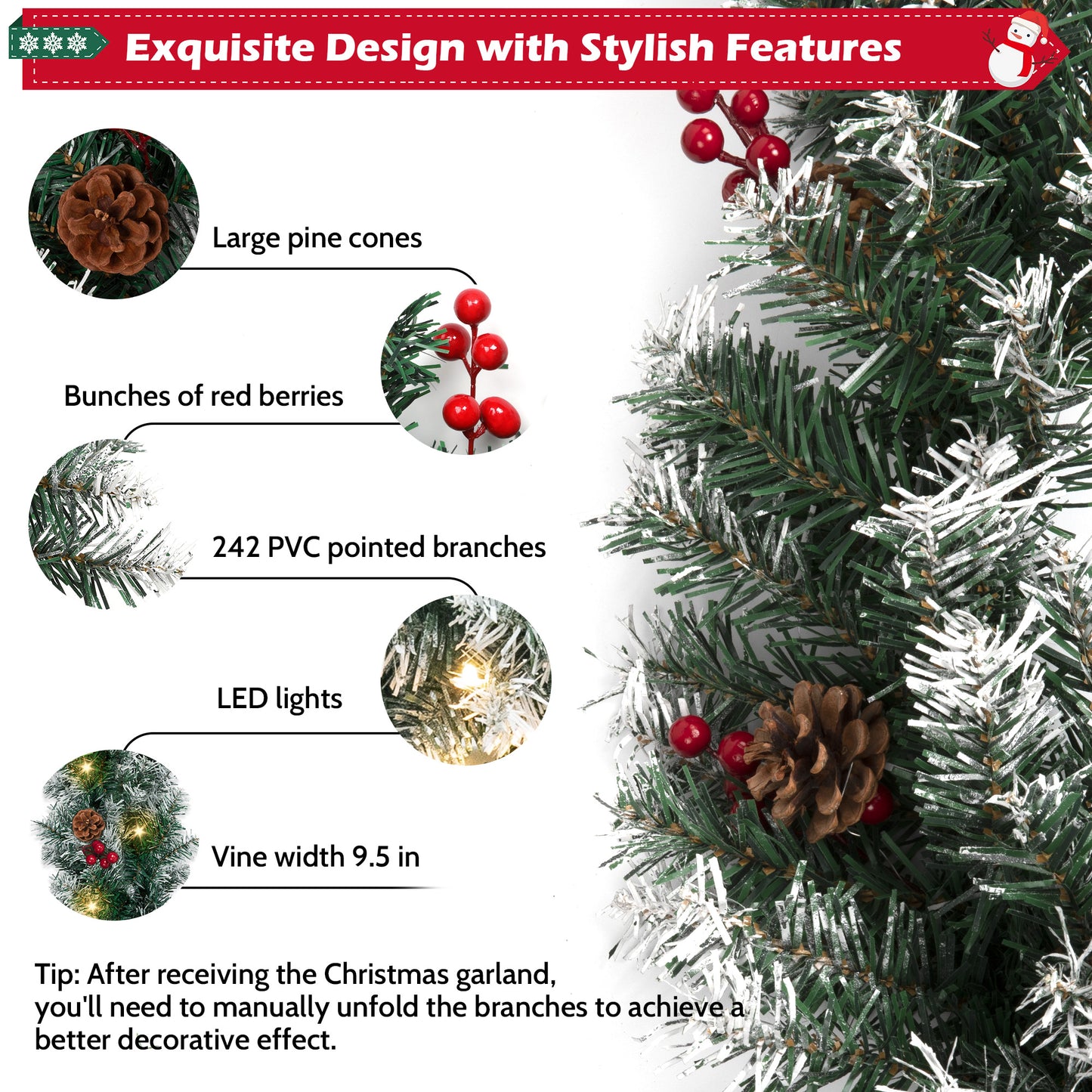 Yexmas 9ft Large Christmas Garland, Multi-Purpose Xmas Wreath with 60 LED Lights, Decorated with Pinecones, Berry Clusters, Battery Operated