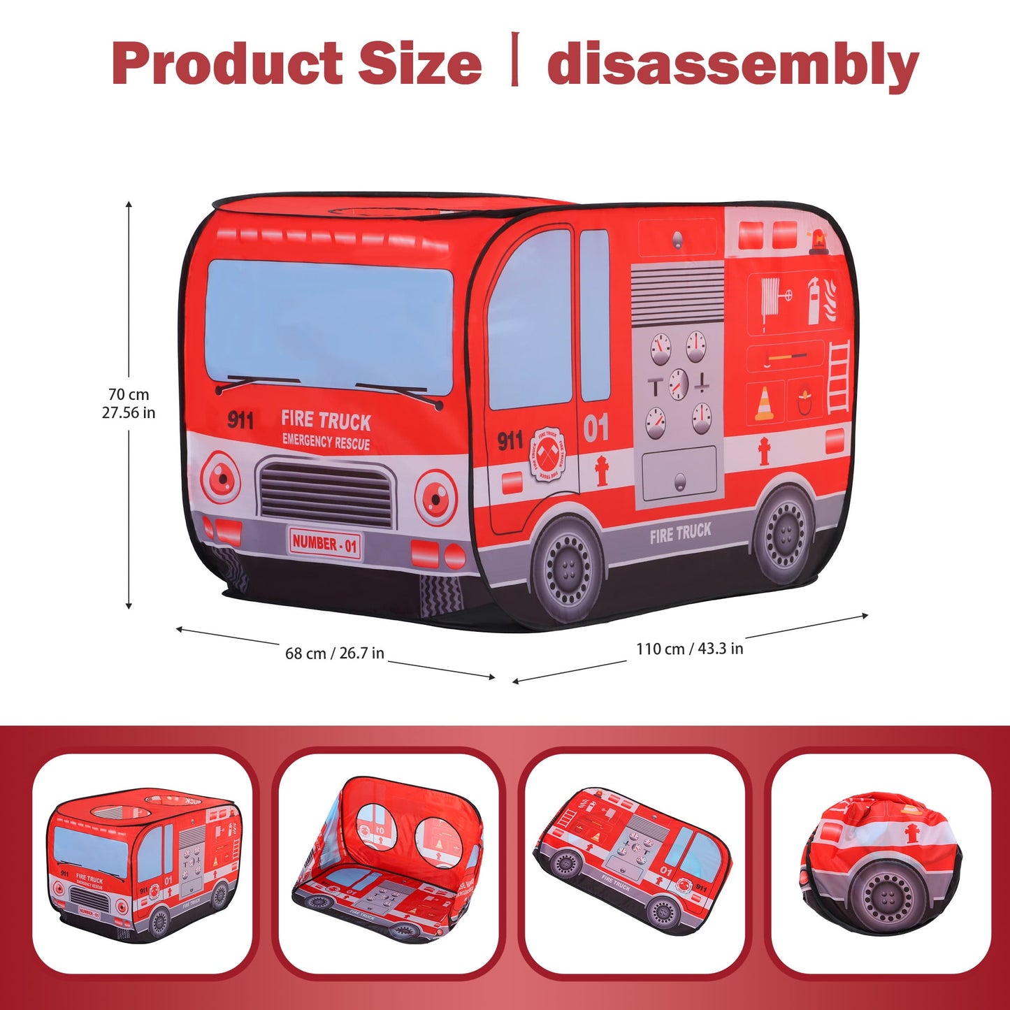 Yexmas Fire Truck Pop Up Tent with Carrying Case, Playhouse Indoor and Outdoor Kids Play Tent for Boys and Girls Children 3+ Years Gift