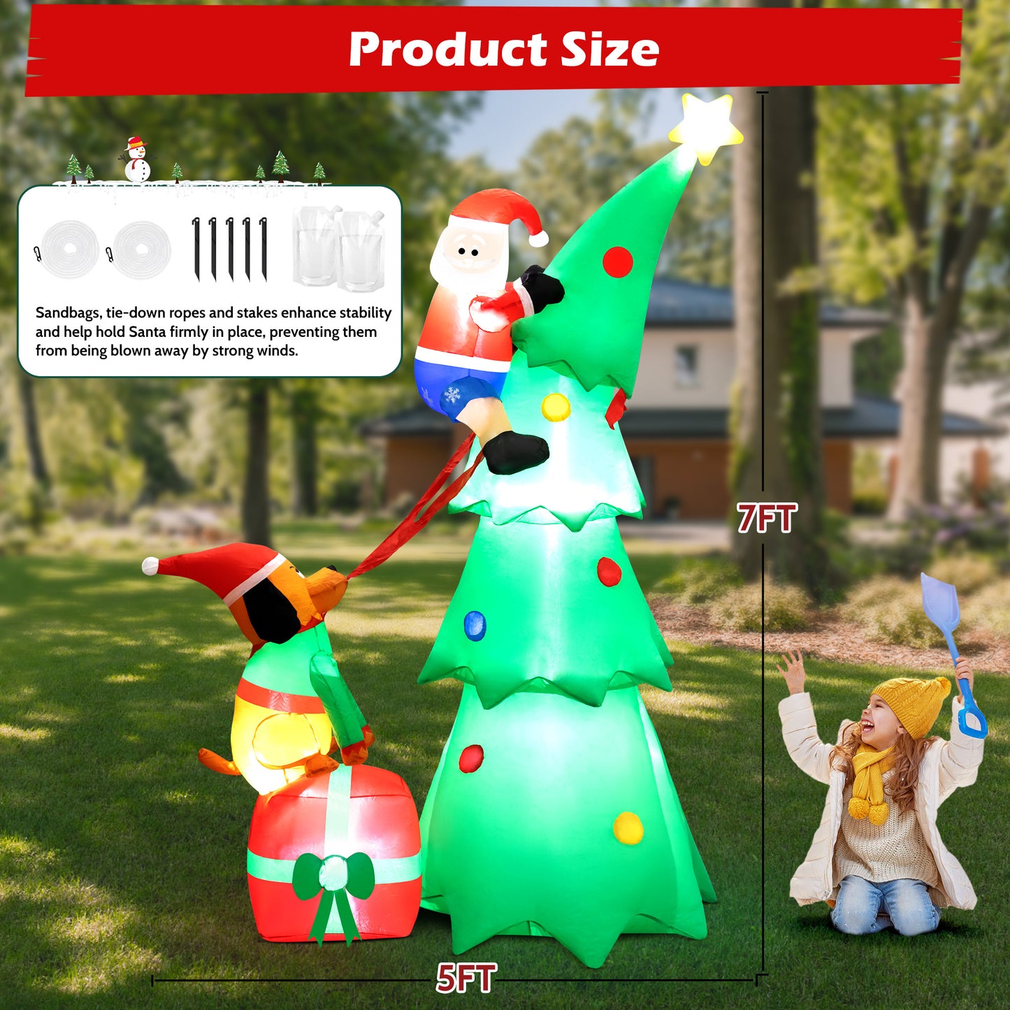 Lookfly 7.2FT Large Outdoor Inflatable Christmas Tree with Santa Claus and Dog,Built-in LED Lights,Fun Blow Up Xmas Decor Suitable for Yard,Garden,Lawn