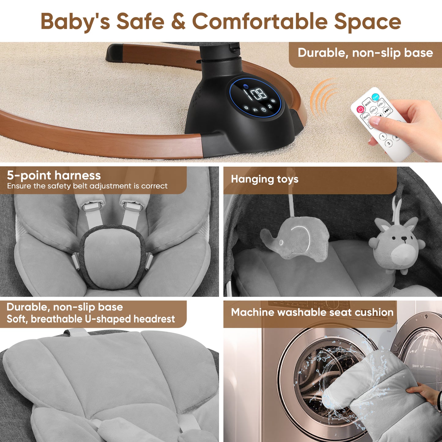 Babyeap Baby Swing for Infants,Bluetooth Control 5-point Harness Newborn Swing,5 Sway Speed,10 Lullabies(Gray)