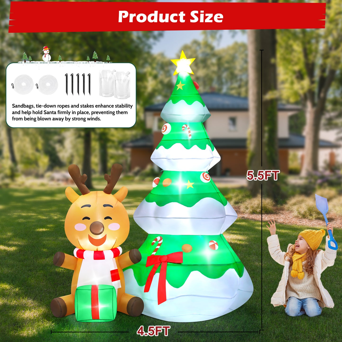 Lookfly 5.5 FT Large Outdoor Inflatable Christmas Tree with Santa Claus and Deer,Built-in LED Lights,Fun Blow Up Xmas Decor Suitable for Yard,Garden,Lawn