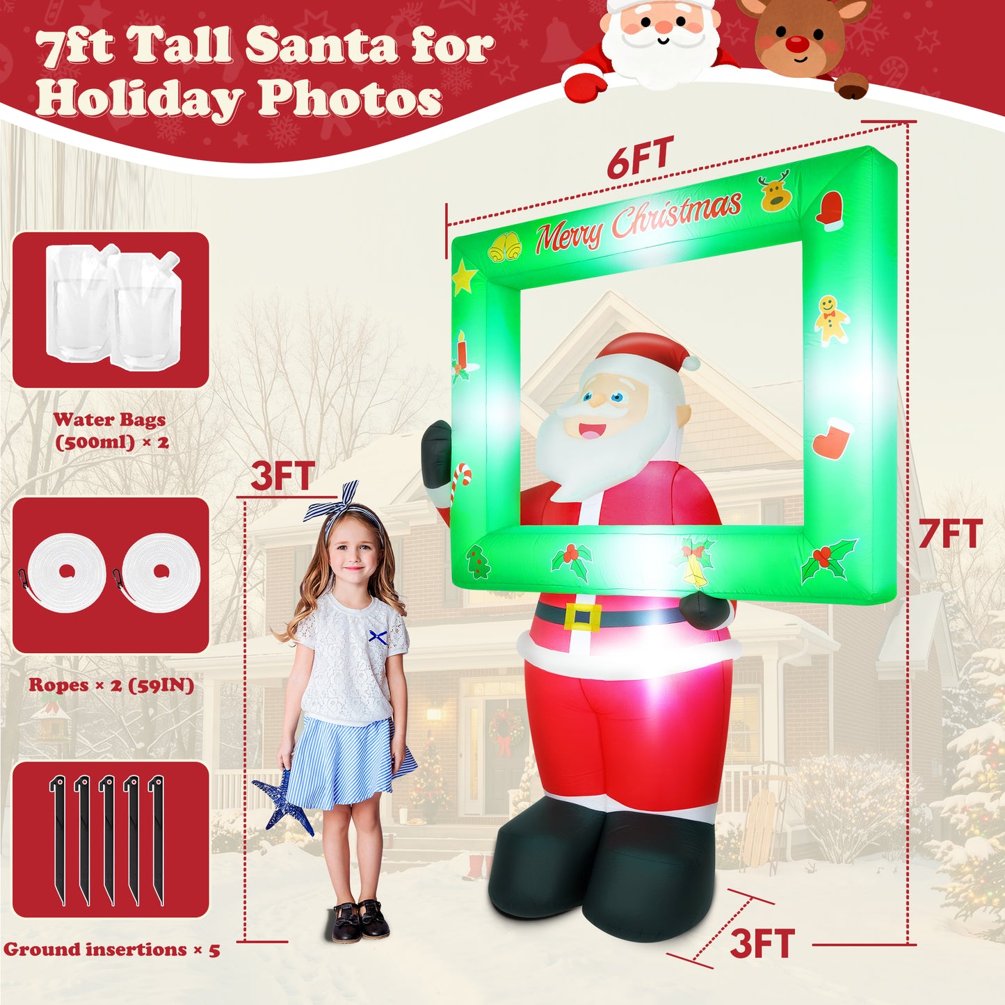 Yexmas 7FT Christmas Inflatable Santa Claus with Photo Frame, Blow Up Santa Claus Xmas Decorations for Outdoor Indoor, Built-in LED Light for Yard Gardern Lawn