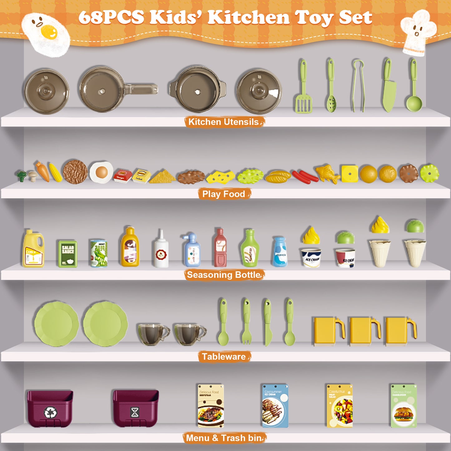 Lookfly Play Kitchens,68PCS Kids Kitchen Playset with Realistic Lights&Sounds,Toddler Kitchen Toy Gift for Boys and Grlis,Green 32.3"H