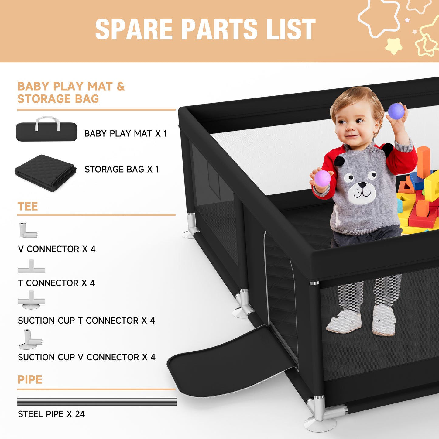 Babyeap Baby Playpen Large Play Yard Fence With Mat for Toddlers, 50"x50" Black