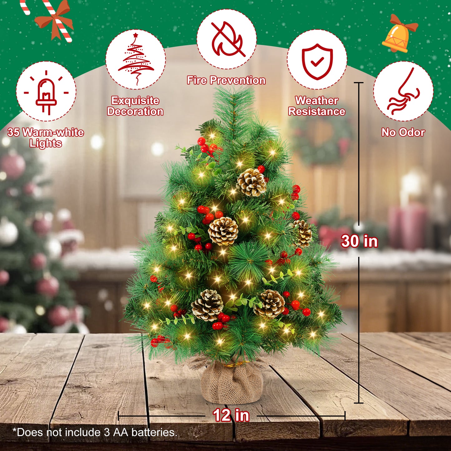Yexmas 2PCS Pre-lit Artificial Mini Christmas Tree,30 Inch Small Tabletop Xmas Tree for Indoor Outdoor Christmas Decor