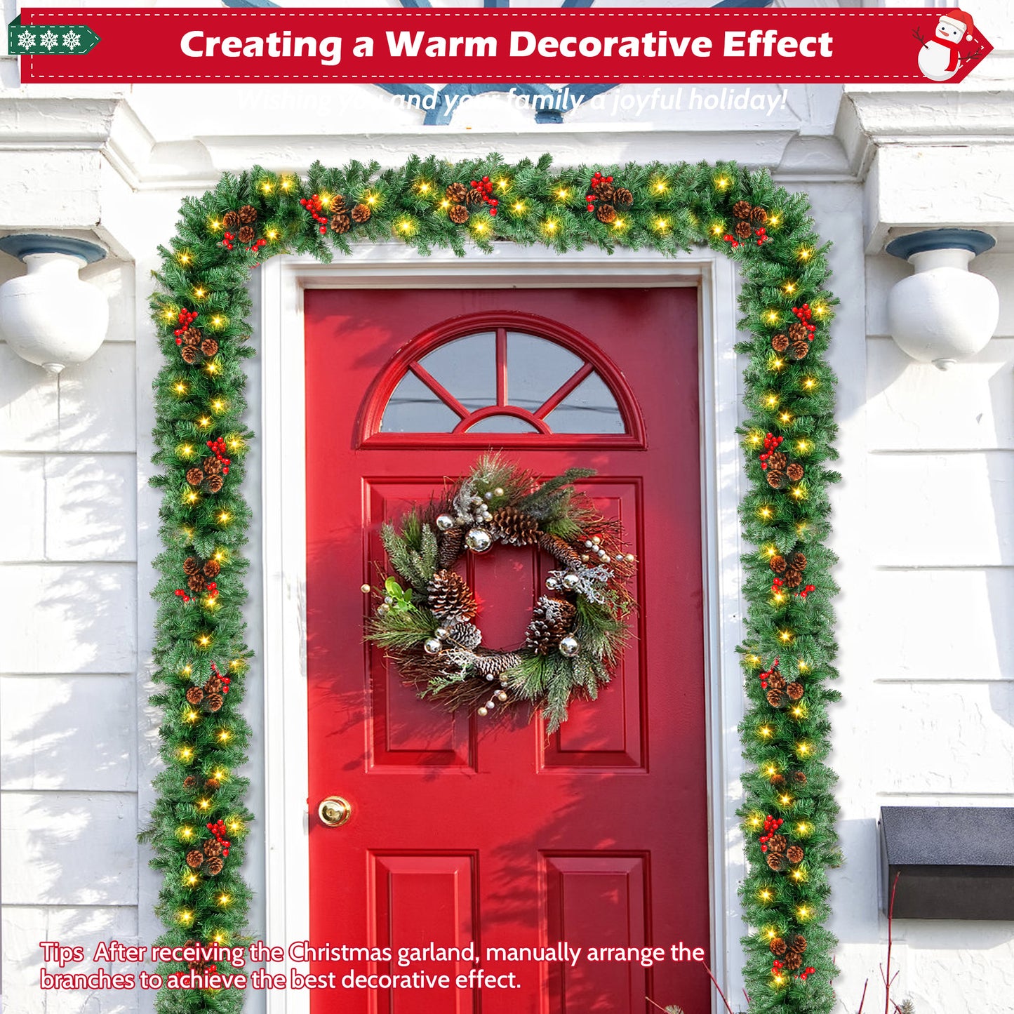 Yexmas 9ft Large Christmas Garland, Multi-Purpose Xmas Wreath with 60 LED Lights, Decorated with Pinecones, Berry Clusters, Battery Operated