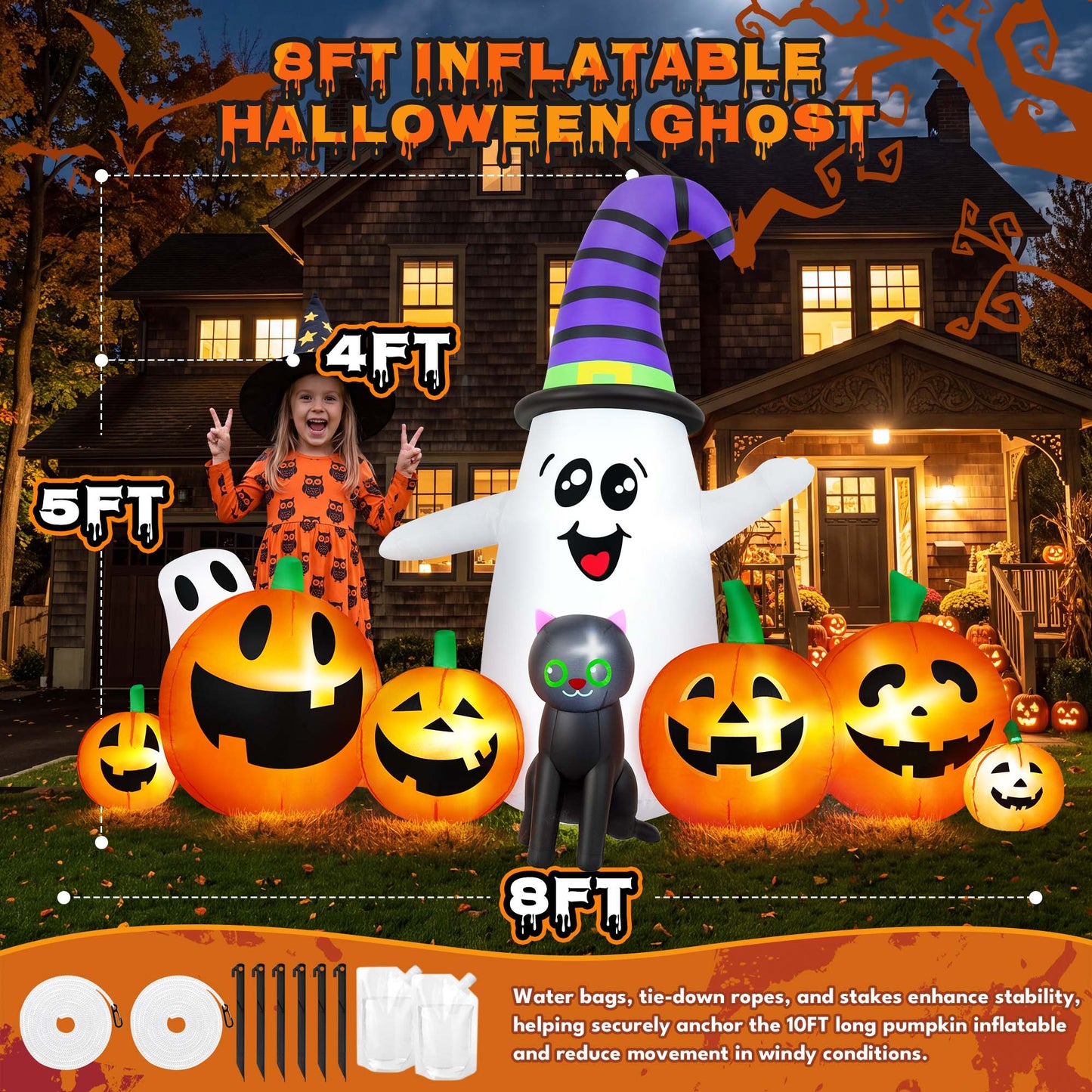 Yexmas 8 FT Long Halloween Inflatable Ghost with Witch Hat, 6 Pumpkins Halloween Blow Ups with Black Cat for Halloween Party Outdoor Yard Garden Lawn Decor