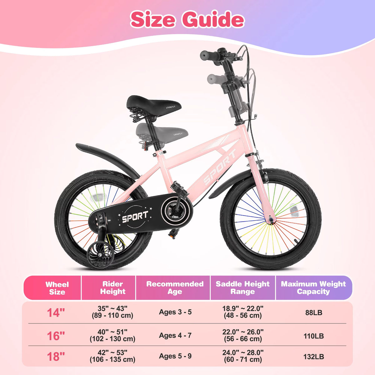Lookfly 14" Kids Bike for Boys and Girls with Removable Training Wheels,Children's Cicycle,Pink