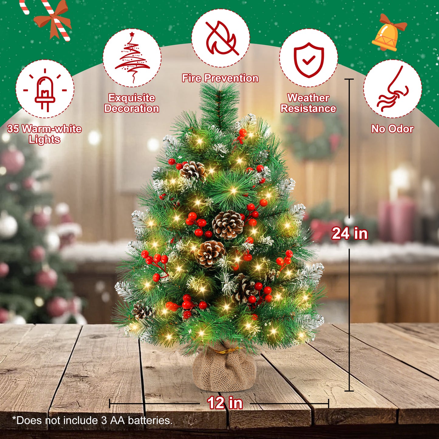 Yexmas 2PCS Pre-lit Artificial Mini Christmas Tree,24 Inch Small Tabletop Xmas Tree for Indoor Outdoor Christmas Decor