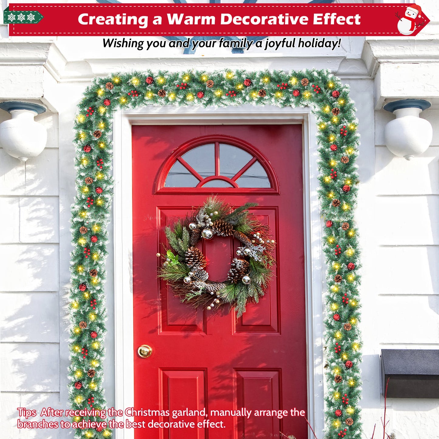 Yexmas 9ft Large Christmas Garland, Multi-Purpose Xmas Wreath with 45 LED Lights, Decorated with Pinecones, Berry Clusters, Battery Operated