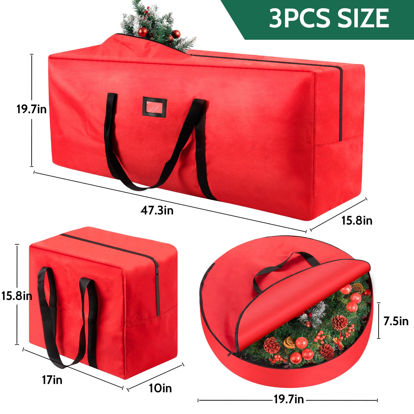 Yexmas 3 Pack Large Christmas Tree Storage Bag,Fits up to 7.5 ft Artificial Trees,Christmas Wreath Garland Storage Bag,Christmas Ornament Storage Box,Reinforced Handles & zipper,Red