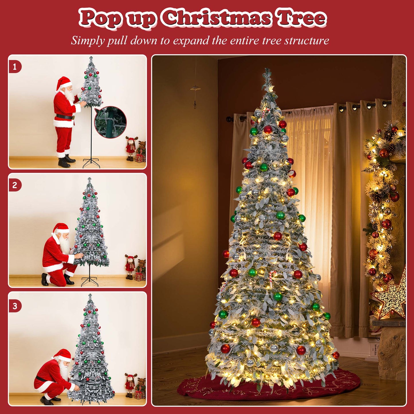 Lookfly 6FT Pop-Up Artificial Christmas Tree with 300LED Lights,White Prelit Christmas Tree with Foldable Base