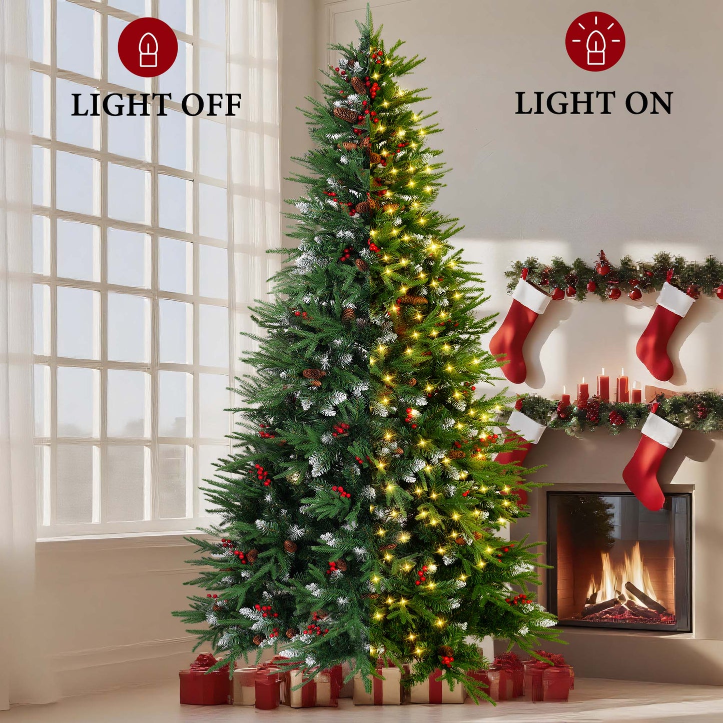 Yexmas 7.5ft Pre-Lit Artificial Christmas Trees,Green Xmas Tree with Large Christmas Tree Storage Bag,Pinecones, Berries, Realistic Artificial Christmas Trees for Home, Office, Party Decoration