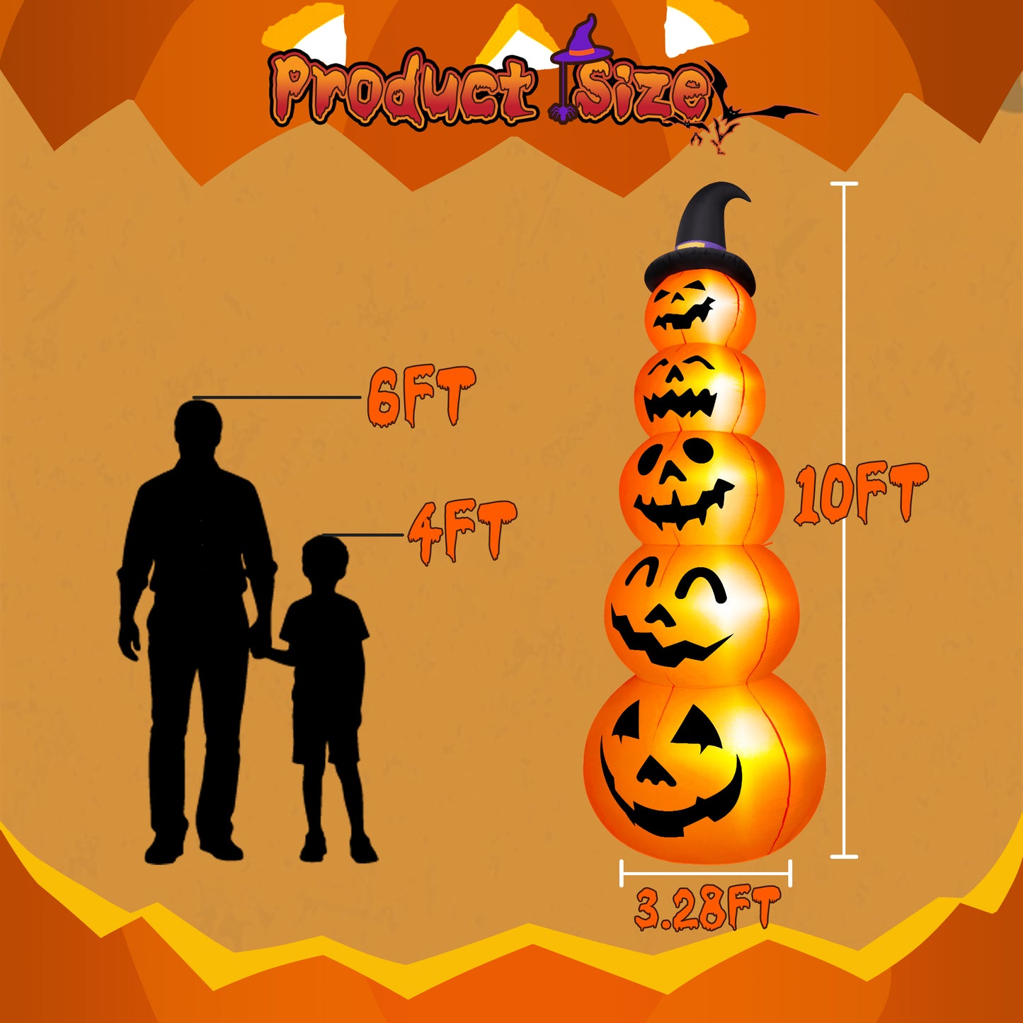 Yexmas 10ft Halloween Inflatable Pumpkins Outdoor Decor with Black Cat Tombstone and Spectre,Built-in LED Lights,for Halloween Party,Yard,Garden,Lawn