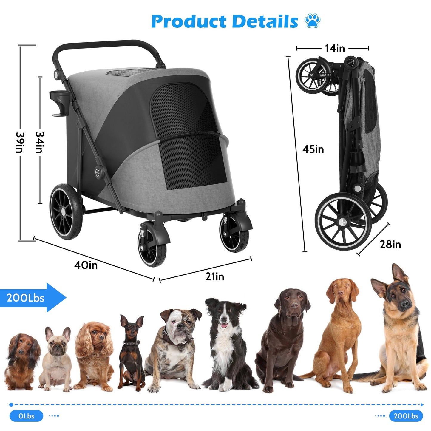 Zoolike Dog Stroller for Medium/Large Dogs One-Click Folding,Extra Large Pet Stroller with Storage Pocket,Cat Stroller with Shock Absorption,Black