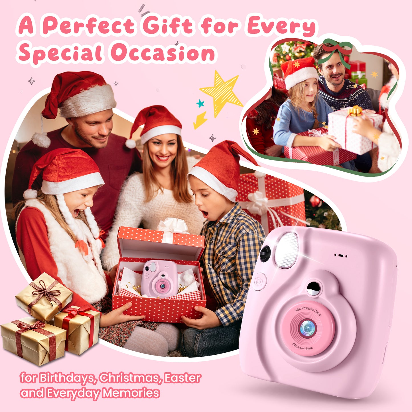 Yexmas Instant Print Toys Camera for Kids, 1080P HD Camera with 32GB SD Card, 3 Paper Rolls, Color Pens & Lanyard, Pink
