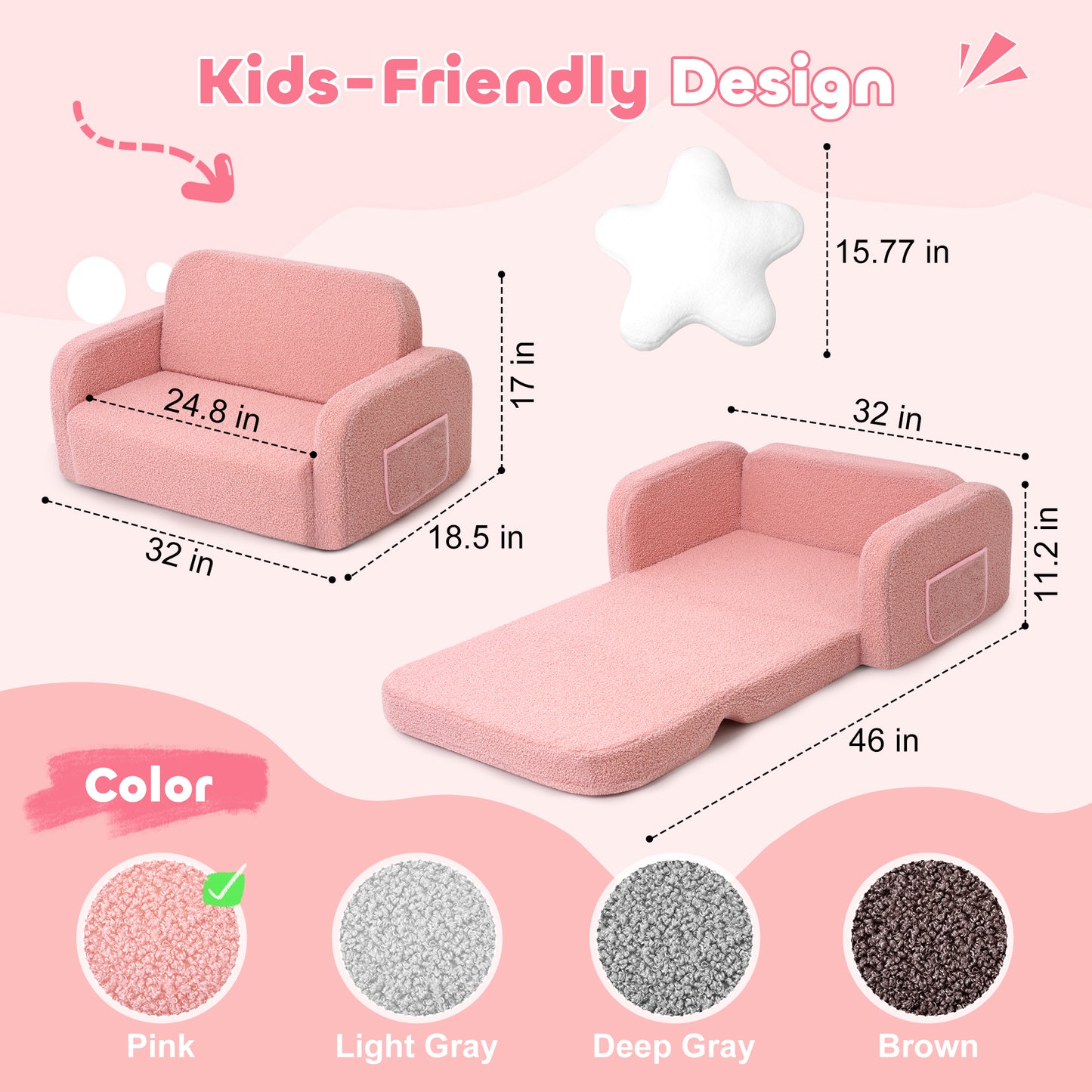 Babyeap Extra Wide Kids Chair,2-in-1 Convertible Toddler Chairs,Soft Comfy Kids Couch, Kids Sofa for Boys & Girls 3+,Pink
