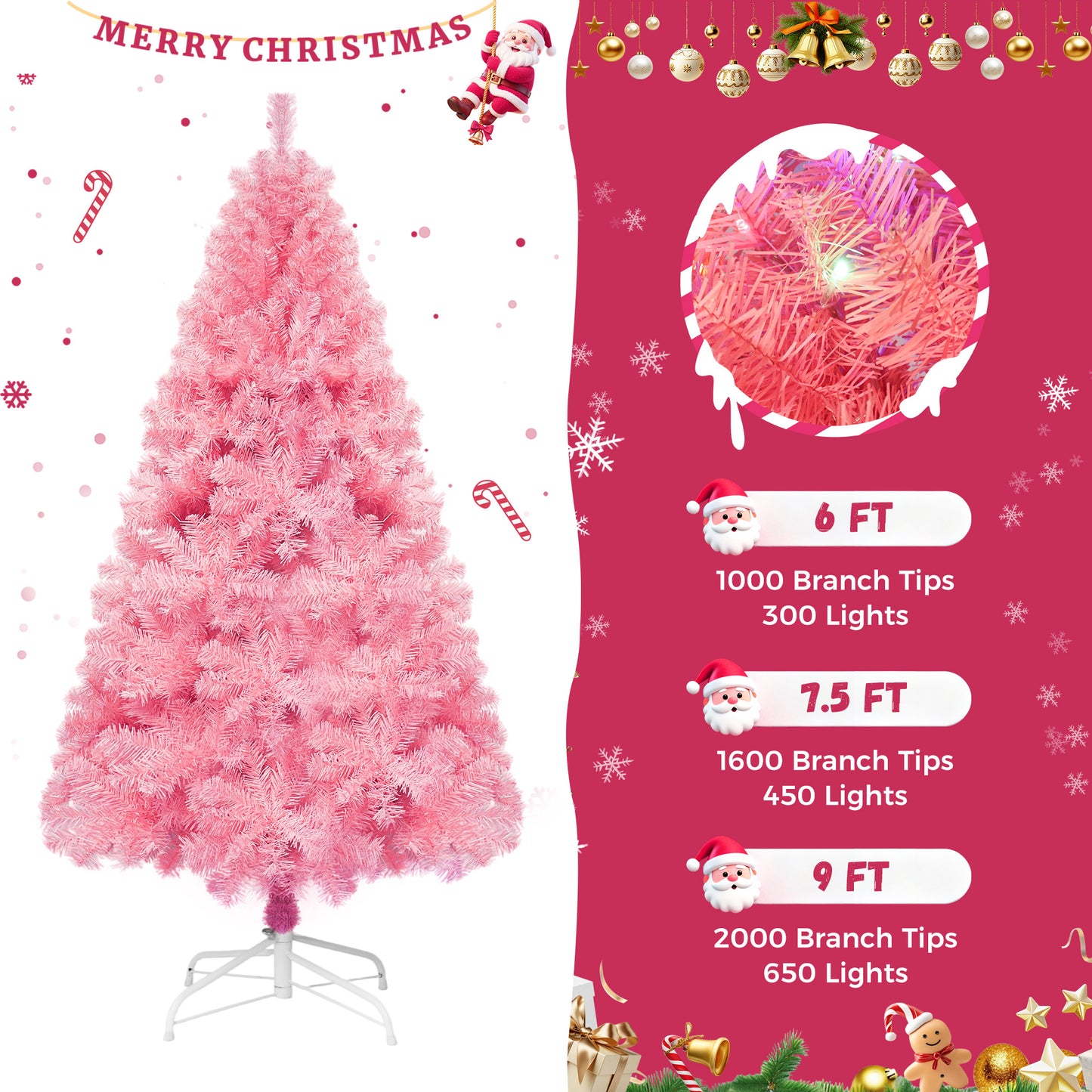 Yexmas 7.5ft Pre-Lit Pink Christmas Tree,Artificial Christmas Tree with 1600 PVC Branches,450 Multicolor Lights,Metal Hinges,Xmas Tree for Home,Holiday Party Decorations