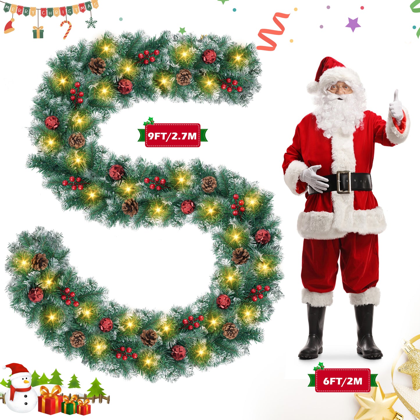 Yexmas 9ft Large Christmas Garland, Multi-Purpose Xmas Wreath with 45 LED Lights, Decorated with Pinecones, Berry Clusters, Battery Operated