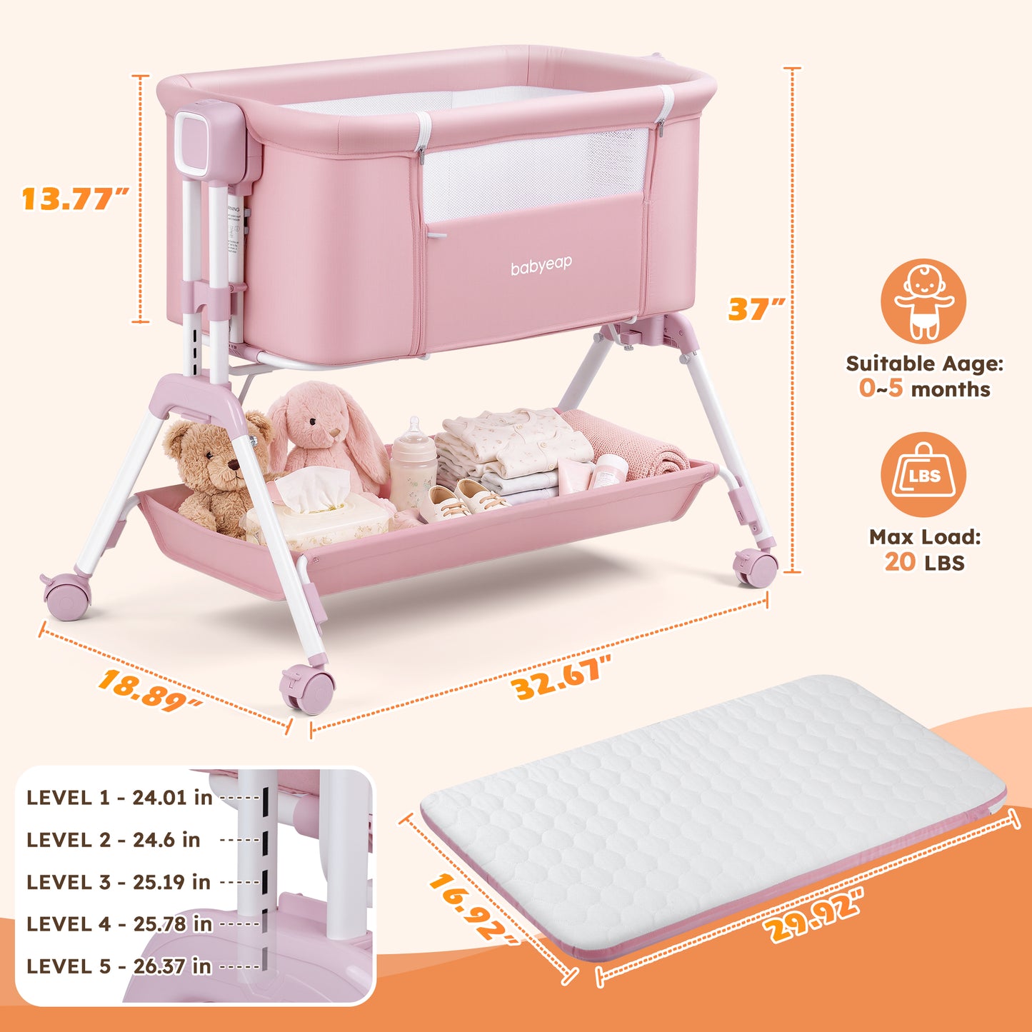 Babyeap 3-in-1 Baby Bassinet, Adjustable Bedside Sleeper with Gentle Rocking Motion, Storage Basket and Wheels for Infants, Gray